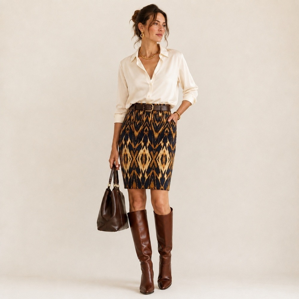 Saks Fifth Avenue Ikat Pencil Skirt Cotton Navy Gold Boho Luxe Size 12